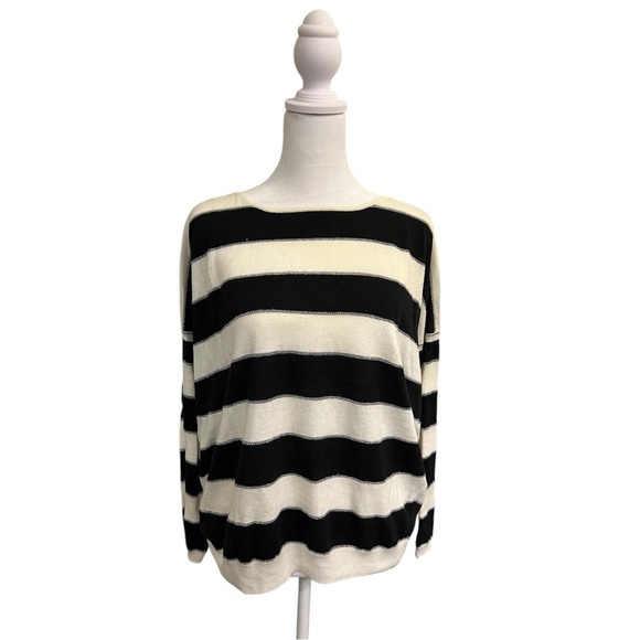 Sandro Black and Off-White Crew Neck Sweater with Bold Stripes and silver detail - Picture 1 of 8